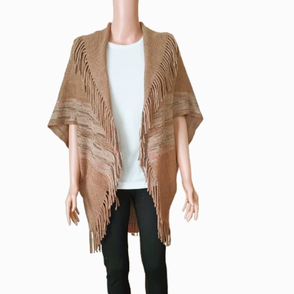 Riah Fashion Knit Open Poncho Sweater OS Brown Fringe Cape